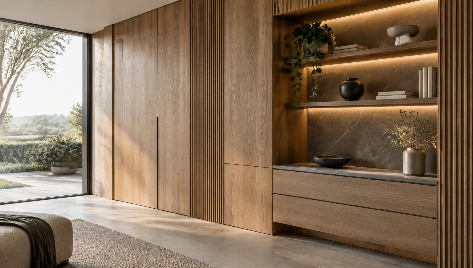 Premium bespoke oak cabinetry with integrated lighting